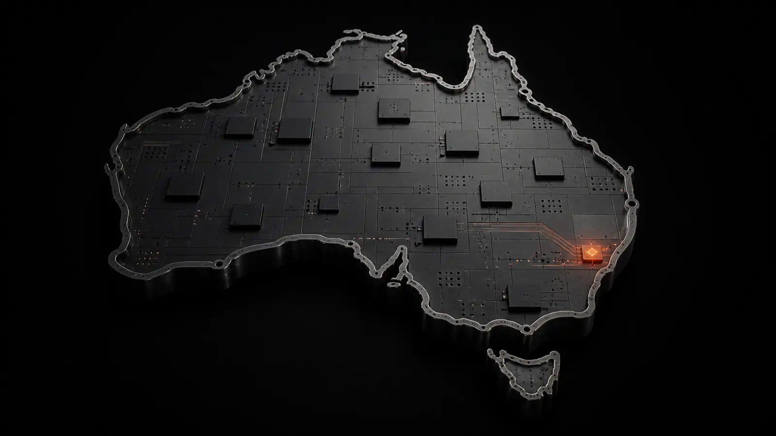 A machined-metal map of Australia containing a regional data plane, with Sydney marked as the active processing location.