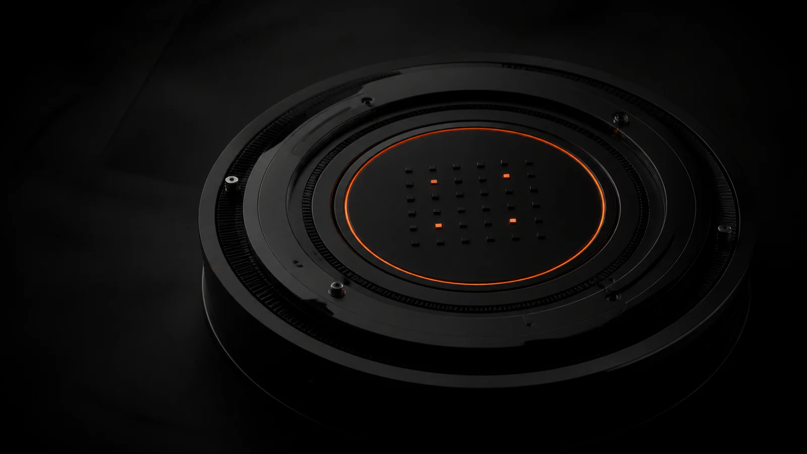 A matte-black containment instrument holding an ember signal inside a defined boundary.