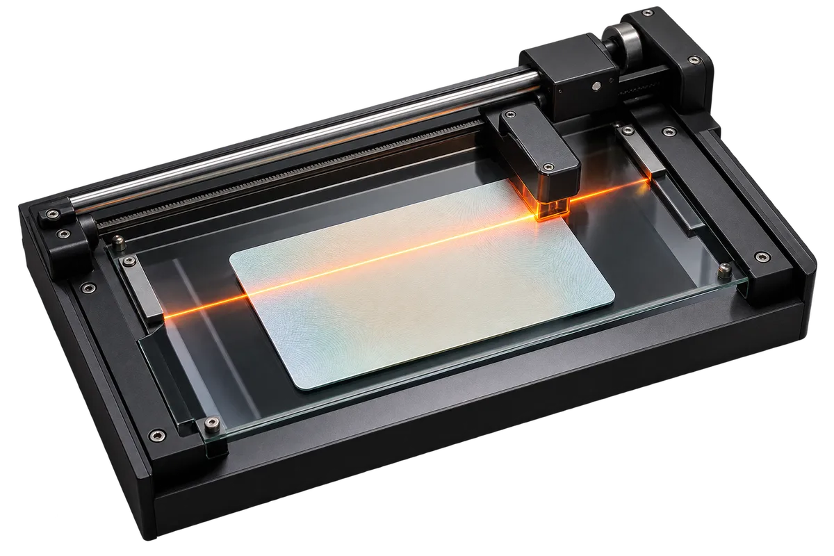 Precision scanning fixture passing an orange scan line across a blank document card.