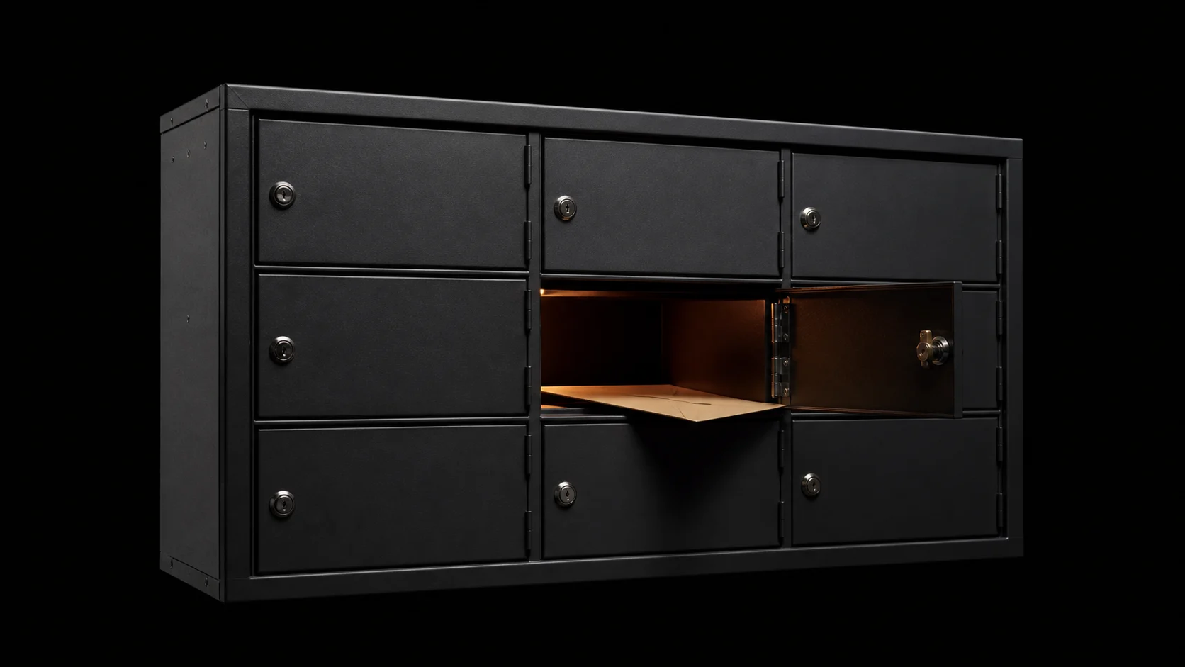 A bank of physical recipient mailboxes with one door open and an envelope inside.