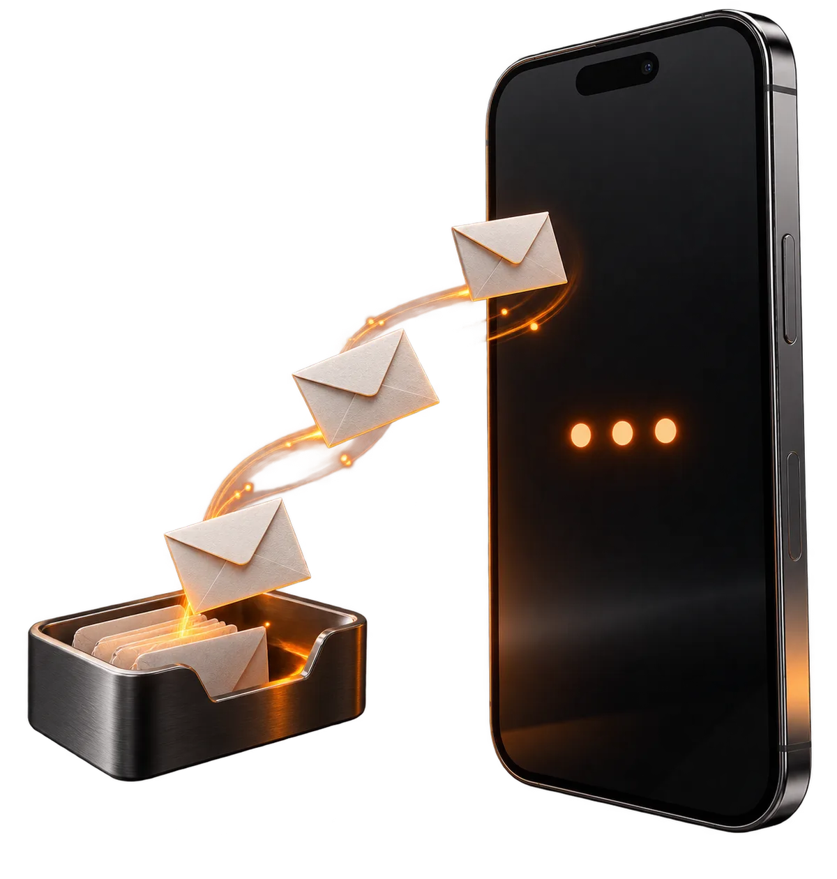 Black smartphone receiving envelopes along a short orange delivery route.