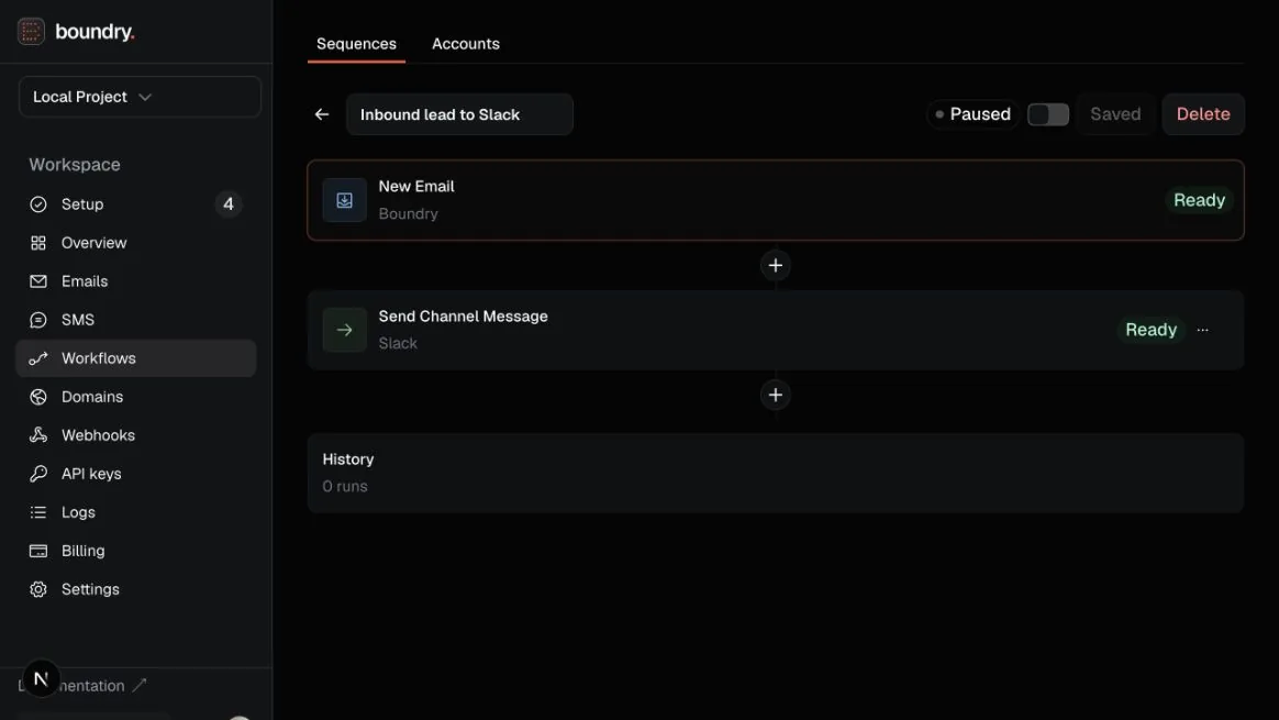 Boundry workflow editor showing an inbound email trigger connected to a Slack channel action.